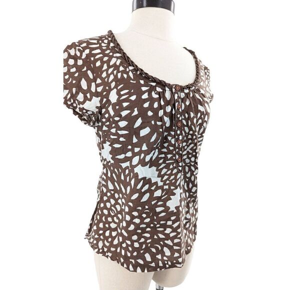 Boden Women Brown Puff Cap Short Sleeve Floral Print Cotton Blouse Size 4 - Picture 3 of 11